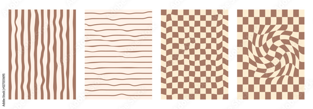 Poster groovy checkerboard pattern set. psychedelic checker background pack. trippy brown y2k retro vertica