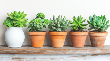 Succulent plants grown in pots on wooden boards
