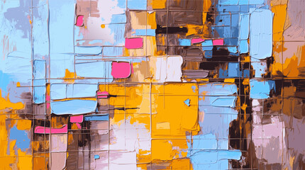 Modern Abstract background Composition with yellows, Bold Blues, and Subtle Pinks, Expressing Energy and Depth Through Layered Brushstrokes and a Harmonious vibrant Aesthetic
