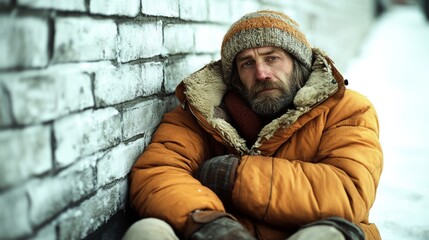 Fototapeta premium A man in a warm, orange coat sits against a snowy brick wall, embodying resilience and survival through harsh winter conditions.