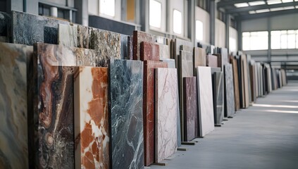 Marble slabs in a large warehouse, various colors and patterns