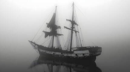 Fototapeta premium A ghostly ship floating in the fog, its sails tattered and torn. The ship drifts aimlessly, and faint voices can be heard coming from below deck.