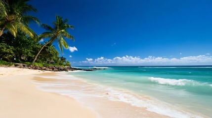 Fototapeta premium Stunning view of tropical beach with palm trees clear blue skies and gentle ocean waves : Generative AI