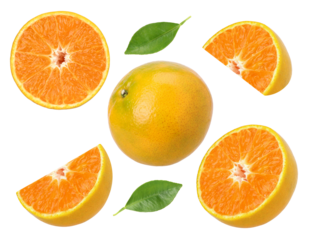 Tangerine orange or Clementine with leaf, half and slices isolated, transparent PNG, PNG format, collection