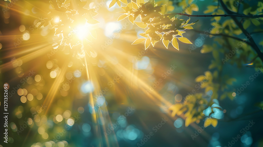 Poster sunlight filtering through lush green leaves, creating a serene atmosphere in a forest