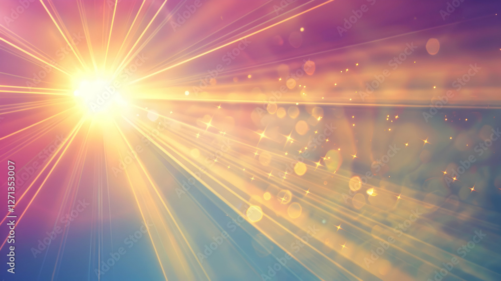 Poster bright sunlight bursting through a colorful sky, creating a vibrant atmosphere with bokeh effects