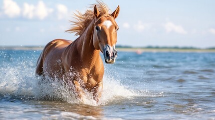 Fototapeta premium Majestic Horse Galloping Through Shallow Waters Splashing Waves Under Blue Sky and Soft Clouds : Generative AI
