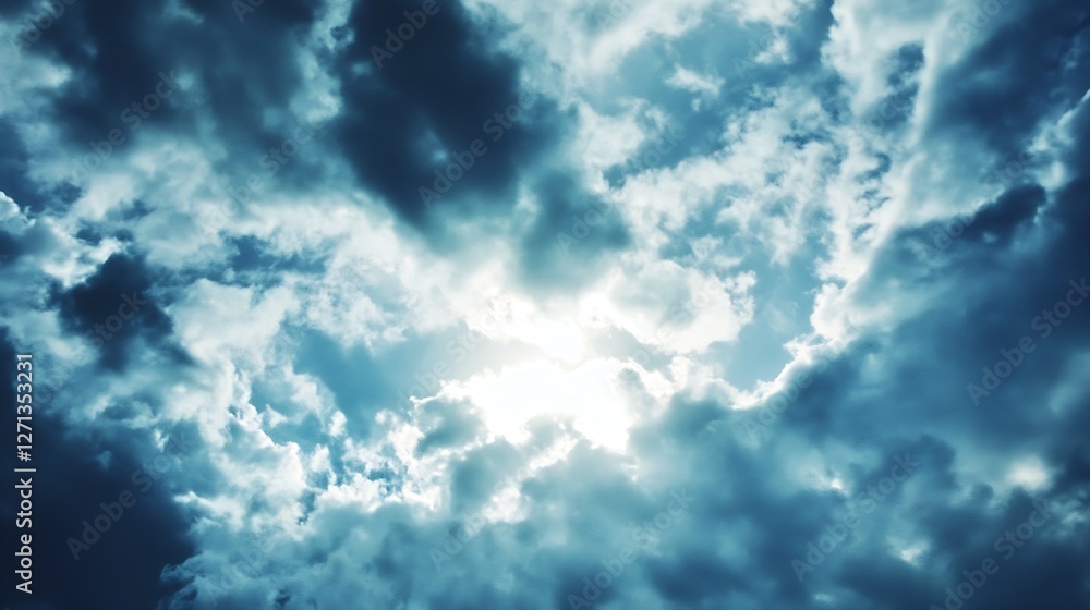 Poster dramatic cloudy sky with sunlight breaking through the dark clouds : generative ai
