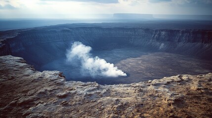 Obraz premium A steaming crater stretches vast and deep, its smoky plumes suggesting power and enigmatic natural forces.