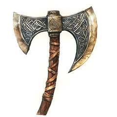 Medieval Double Headed Axe with Celtic Knots Brown Leather Handle