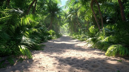 Obraz premium Sunlit Sand Path Through Tropical Jungle