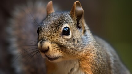 Fototapeta premium Curious squirrel portrait, forest background, wildlife nature photography, ideal for nature documentaries.
