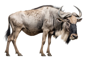 A rugged wildebeest with curved horns, a shaggy mane, and a dirt-streaked coat stands against a white background.