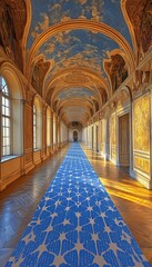Fototapeta premium Elegant Palace Hallway Interior With High Windows, Arched Ceilings, and a Geometric Carpet