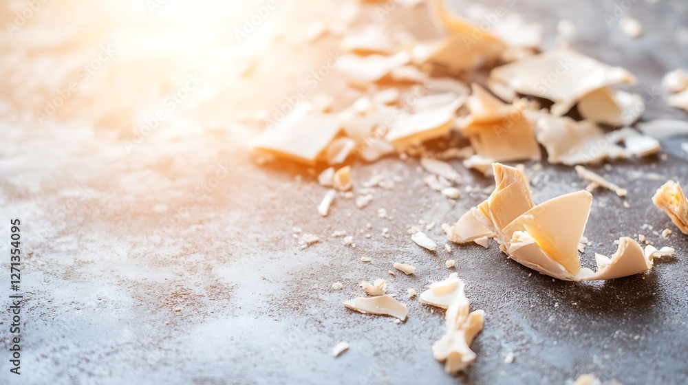 Aufkleber Broken pieces of white chocolate scattered on a rustic surface illuminated by soft warm sunlight : Generative AI