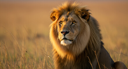  lion sitting majestically with its mane flowing, sharp focus on its face, blurred savannah background, golden hour lighting, portrait style, ultra-detailed fur and intense gaze.