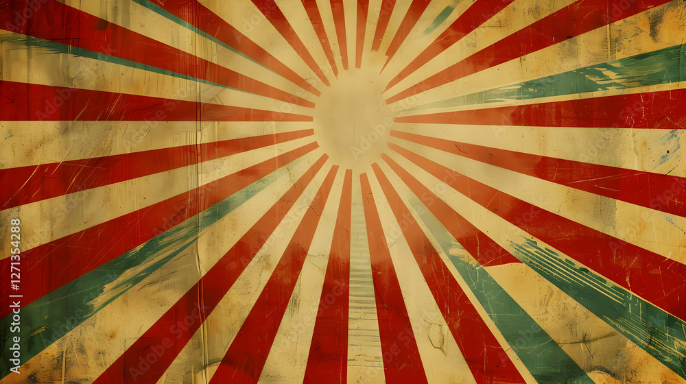 Poster vintage sunburst pattern with red and yellow rays emanating from a central point, creating a retro f