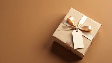 Elegant Gift Box with Blank Tag and Satin Ribbon on Neutral Background