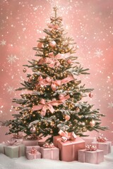 Elegant christmas tree with pink decor and snowflake accents