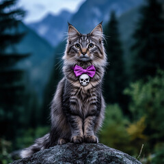 Obraz premium forest norwegian cat with a skull bow standing on a rock