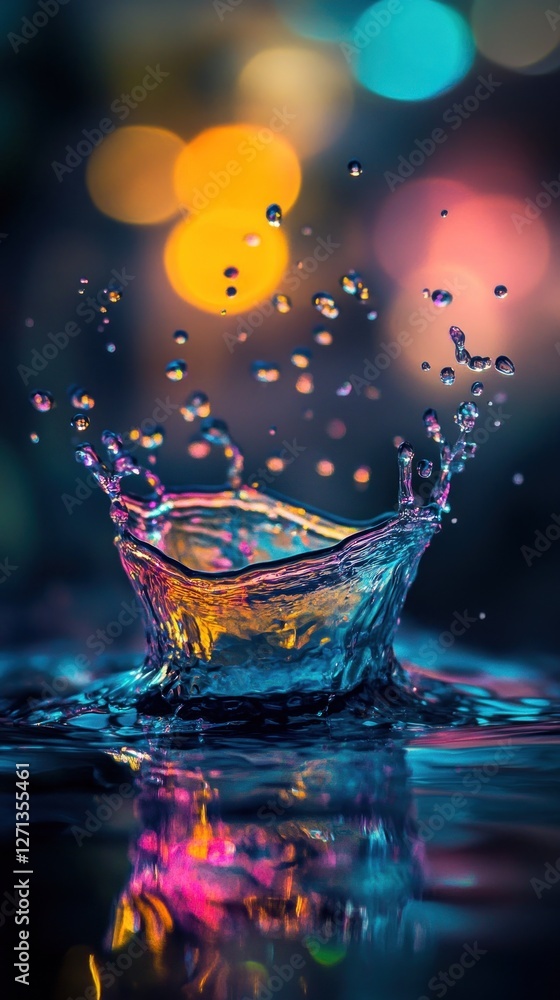 Poster vibrant water splash with mesmerizing bokeh lights creating a colorful scene