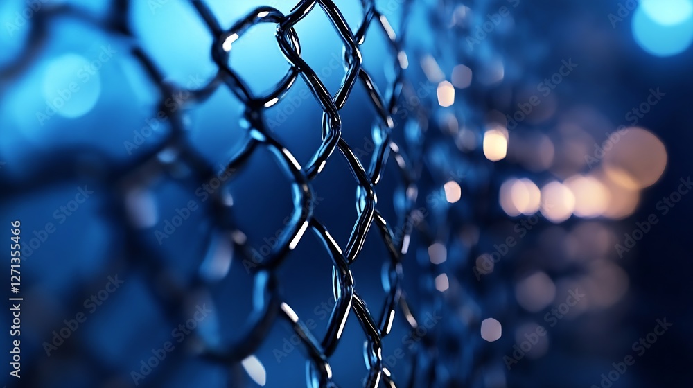 Fototapete Close Up View of a Chain Link Fence with Blurred Lights in the Background Creating a Moody Atmosphere : Generative AI