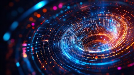 Obraz premium Abstract Digital Vortex Swirling Light Trails Futuristic Technology Background Orange Blue Neon Glowing Energy Dynamic Powerful Intense Vibrant Spiral