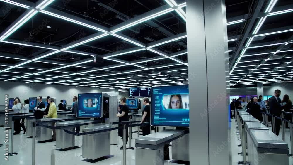 Poster Airport security personnel and passengers using facial recognition technology at automated kiosks for identity verification and access control, enhancing security and efficiency in slow motion
