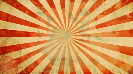 Vintage sunburst background with red and beige rays radiating from the center, ideal for retro designs