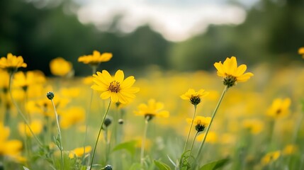 Obraz premium Vibrant Yellow Wildflowers Blooming in a Sunny Green Field Under Blue Sky : Generative AI