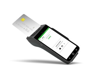 contactless payment by card through the terminal 3d render image on white