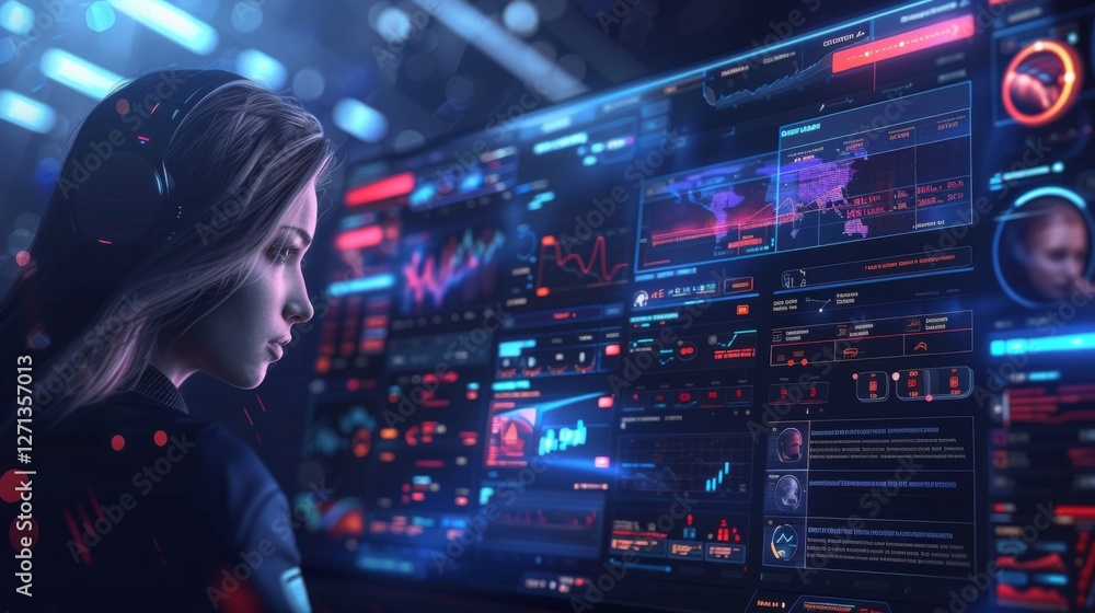 Aufkleber A person focuses on multiple screens displaying data analytics and maps in a futuristic control room, immersed in a high tech environment illuminated by blue light.