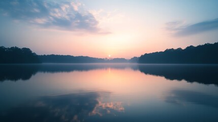 Fototapeta premium A tranquil lake mirrors the soft pastels of dawn, surrounded by silhouetted trees, creating a serene and peaceful sunrise scene.