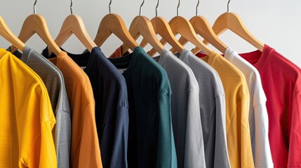 Obraz premium rack of plain T-shirts in various colors, neatly hung on wooden hangers against an isolated white background