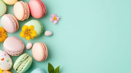 Easter Themed Cookies and Chocolates in Various Shapes Colorful macaron assortment on pastel background.