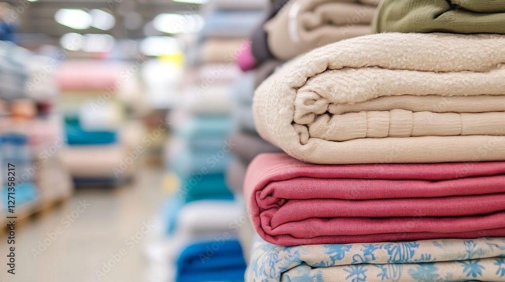 Poster Neatly rolled and stacked soft blankets arranged for sale in a colorful home textile store : Generative AI