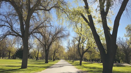 Obraz premium Tree-Lined Path in Park, Trees Showing First Signs of Spring with Tender Green Buds Against Bright Blue Sky