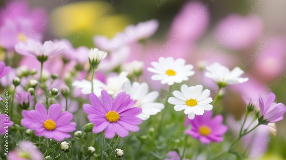 Poster vibrant flowers in multiple colors blooming beautifully in a serene garden setting : generative ai