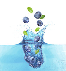 Blueberries and green leaves falling into splashing water on white background