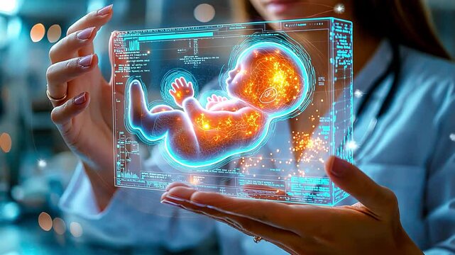 Futuristic holographic medical imaging of developing baby in doctors hands