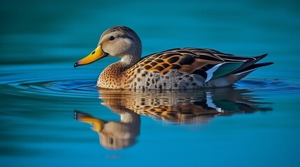 Fototapeta premium Duck swimming in calm teal water, reflection visible, serene background.