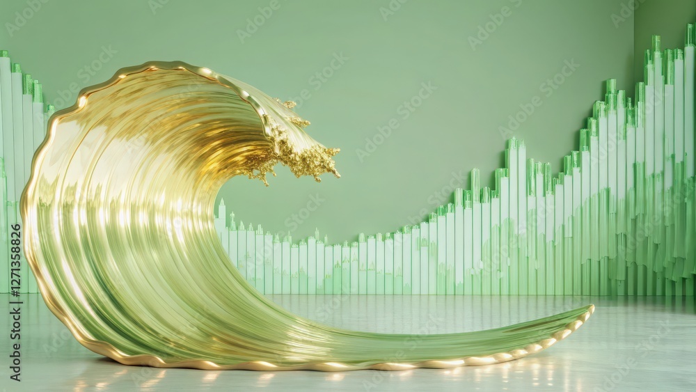 Poster a golden wave sculpture stands against a green backdrop, complemented by a dynamic soundwave graphic