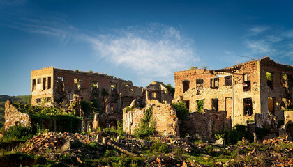 Fototapeta premium Post apocalyptic ruined city scape. Abandoned town with old broken buildings. Disaster, catastrophe