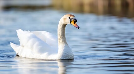 Fototapeta premium Elegant swan gliding serenely across a tranquil lake under a bright blue sky : Generative AI