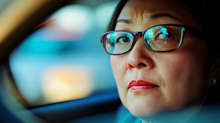 Fototapeta premium A woman in glasses, framed in a car window, gazes intensely outward, capturing a moment of contemplation and alertness amidst blurred surroundings.