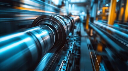 A rotating machine part in motion, blurred to convey speed and efficiency, set in an industrial backdrop.