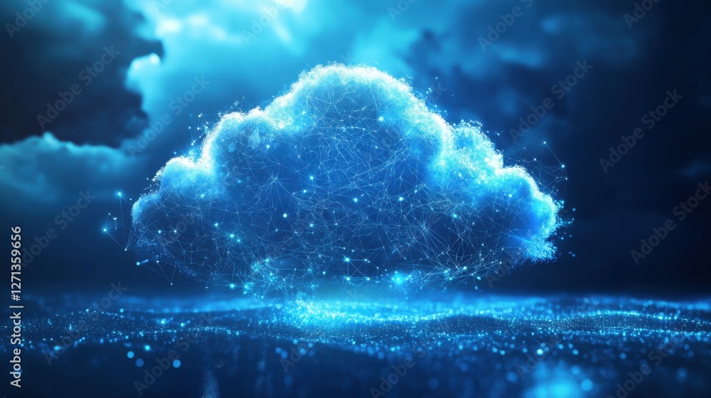 Poster creative glowing polygonal cloud on blue background. cloud computing and data concept. 3d rendering.