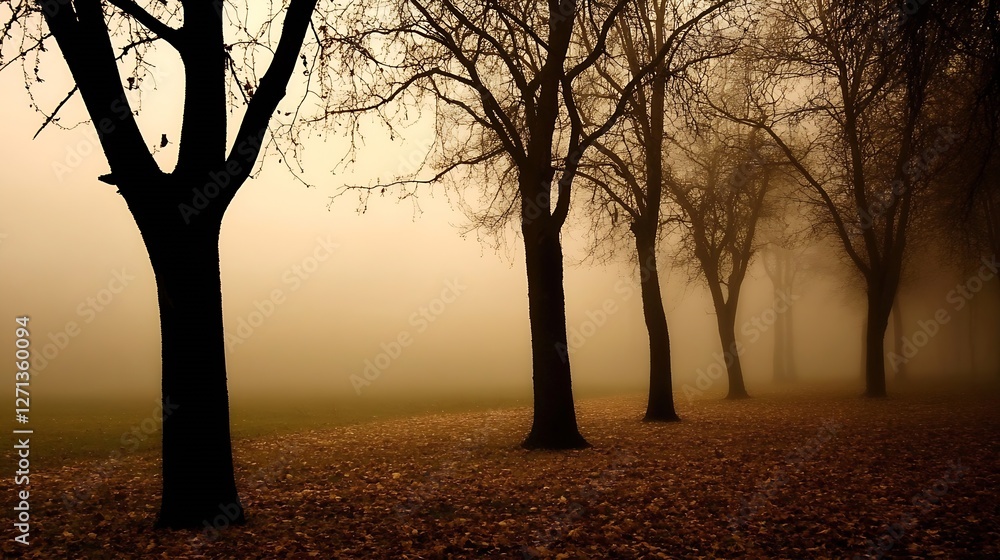Poster mysterious foggy park scene with bare trees and fallen leaves : generative ai