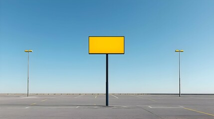 Bright Yellow Blank Sign in Empty Parking Lot Under Blue Sky