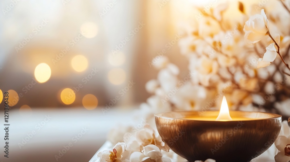 Leinwandbilder Warm and inviting ambiance with a lit candle surrounded by flowers creating a serene and calming atmosphere : Generative AI